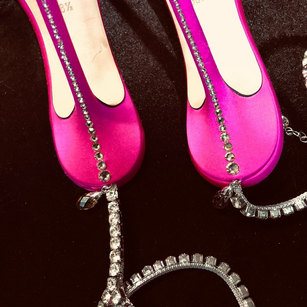 Jimmy Choo Fuchsia Satin Jeweled Slingback Mules - Picture 6 of 11